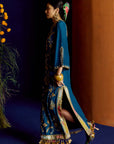 Mastani Teal Silk Carnation Jaal Kaftan Dress