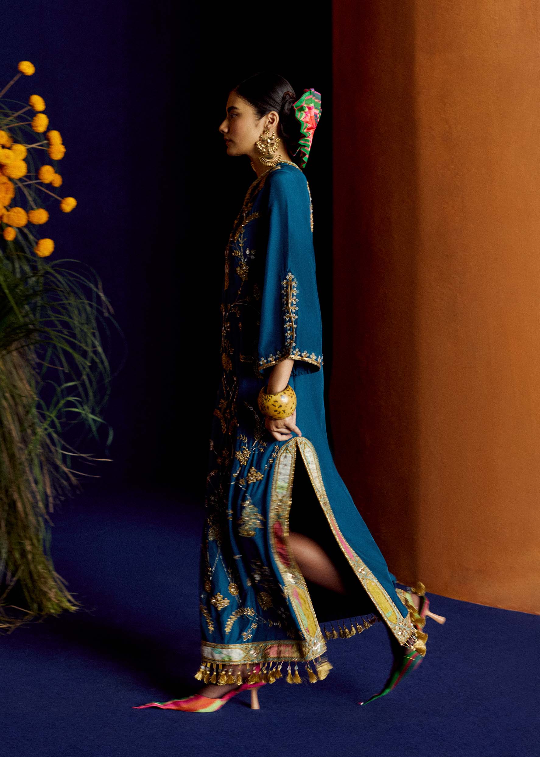Mastani Teal Silk Carnation Jaal Kaftan Dress