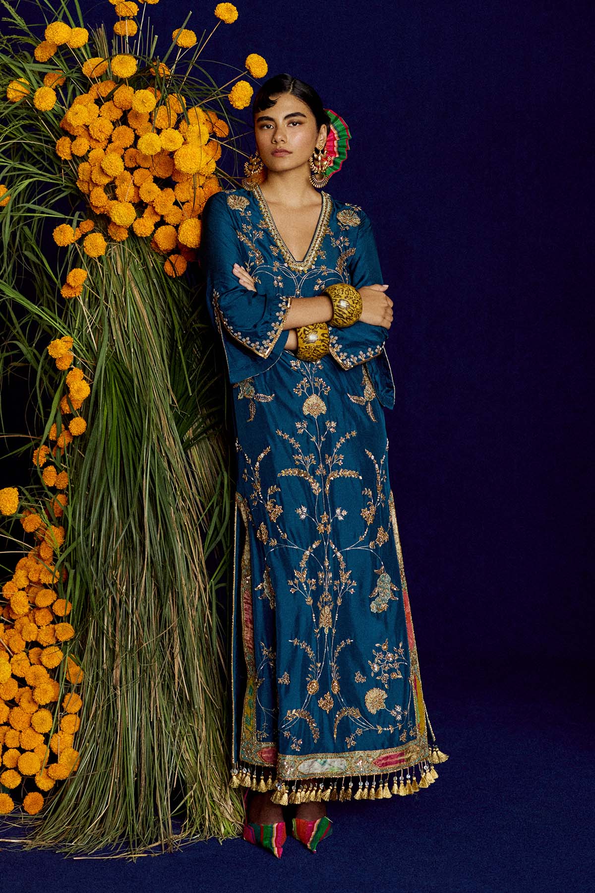 Mastani Teal Silk Carnation Jaal Kaftan Dress