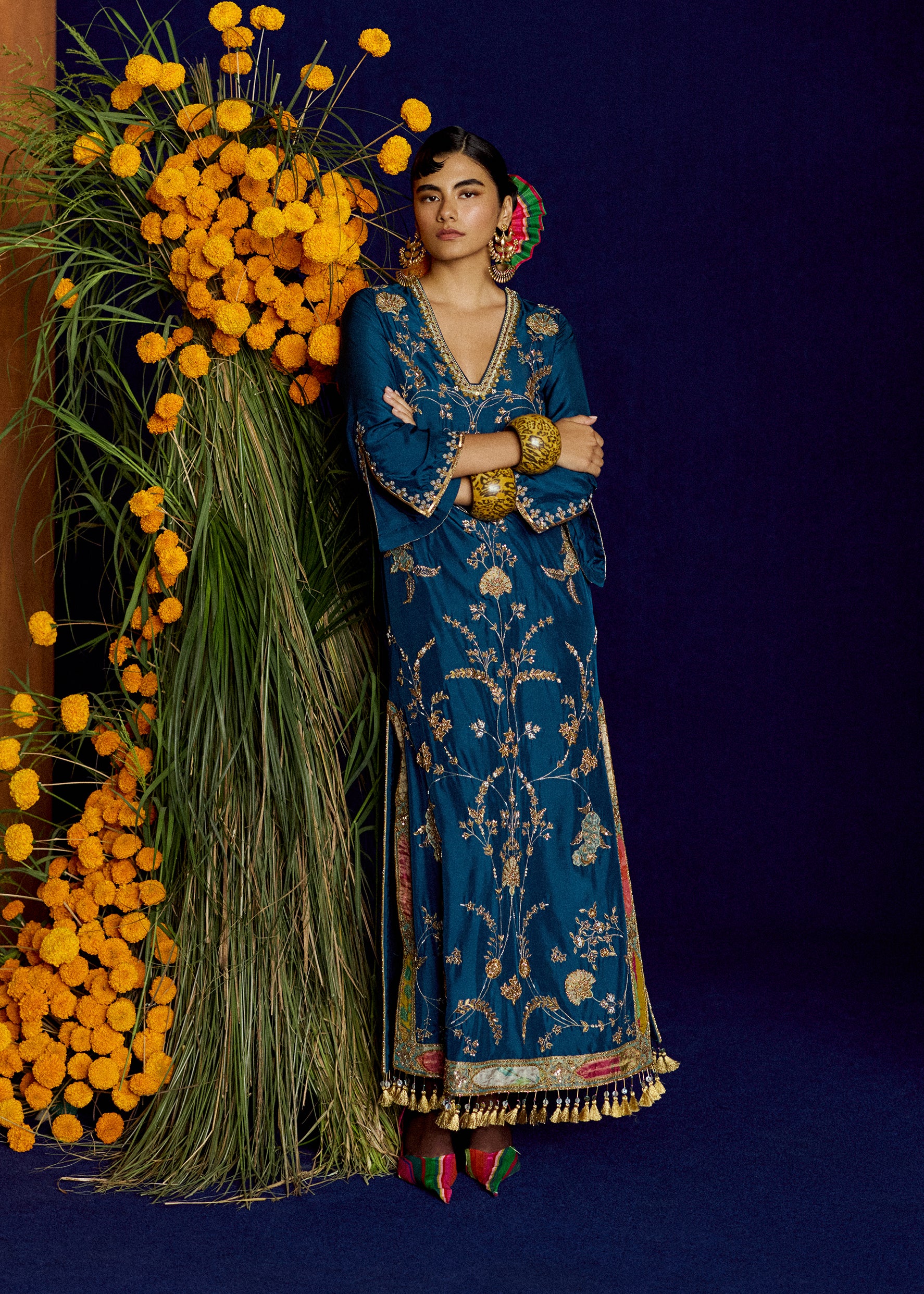 Mastani Teal Silk Carnation Jaal Kaftan Dress