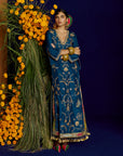 Mastani Teal Silk Carnation Jaal Kaftan Dress