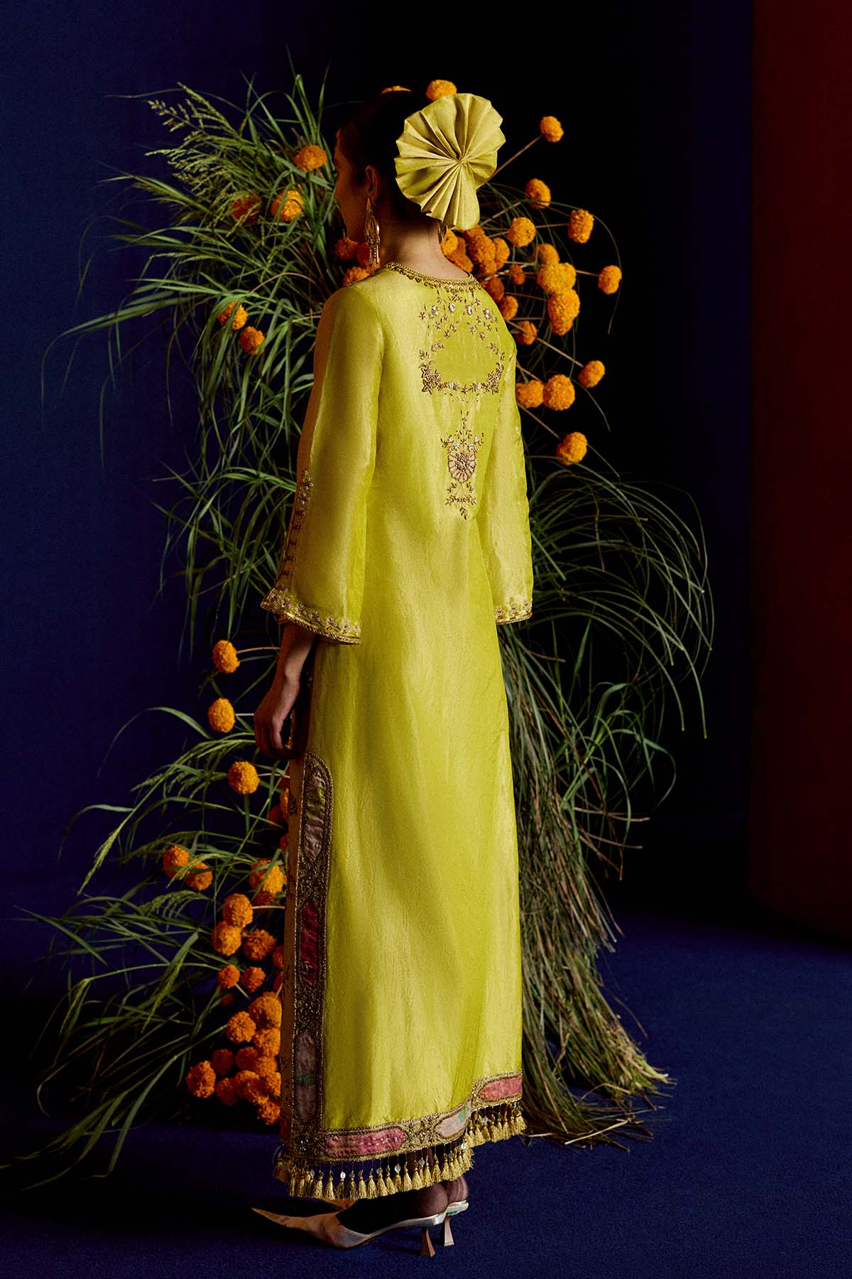 Mastani Yellow Tissue Carnation Jaal Kaftan Dress