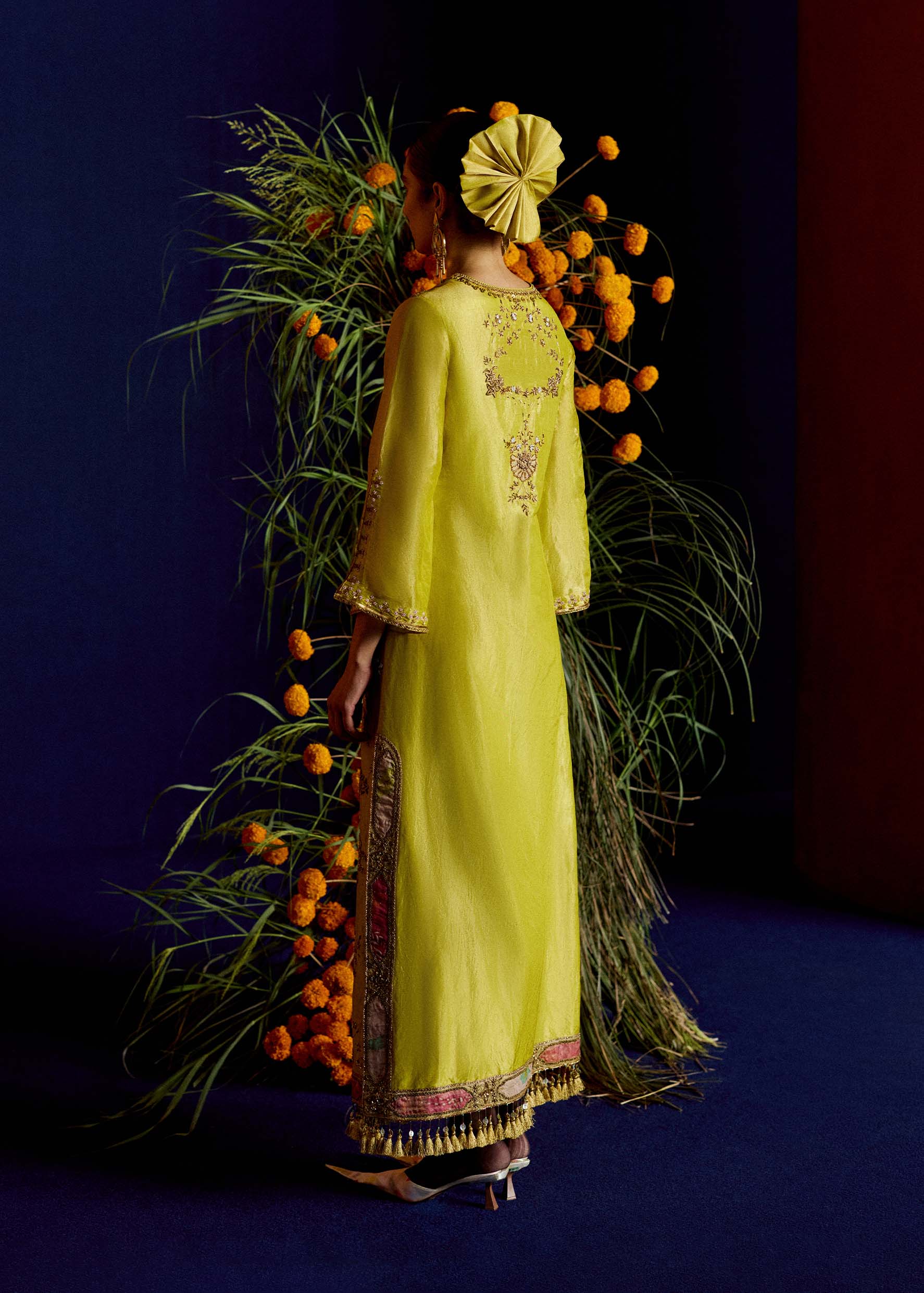 Mastani Yellow Tissue Carnation Jaal Kaftan Dress