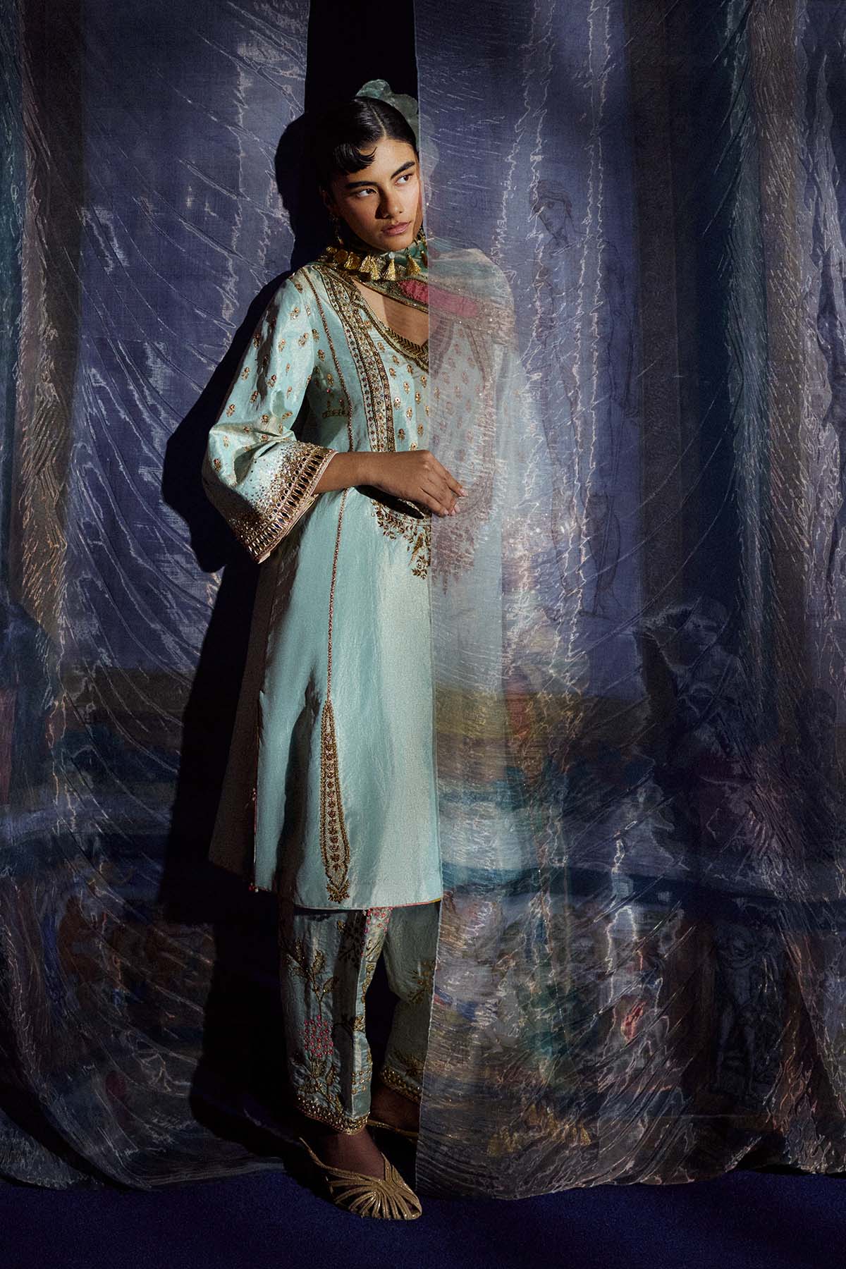 Mastani Powder Blue Tissue Choga Salwar Set