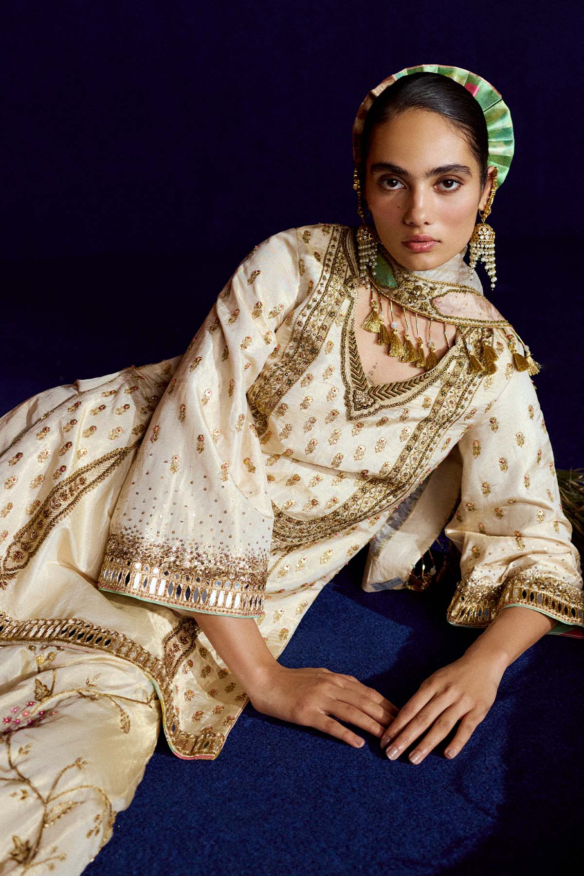 Mastani Ivory Tissue Jaal Gharara Set