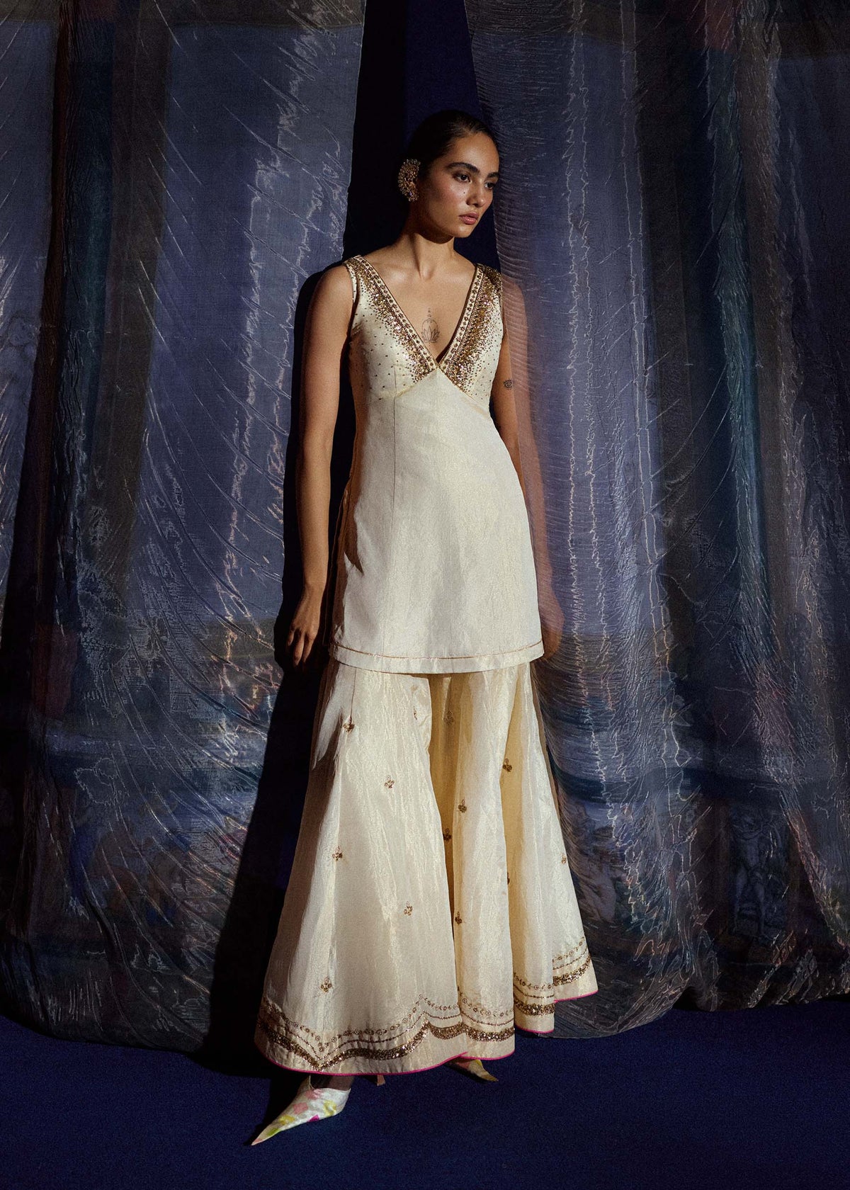 Mastani Ivory Tissue Tripti Gharara Set