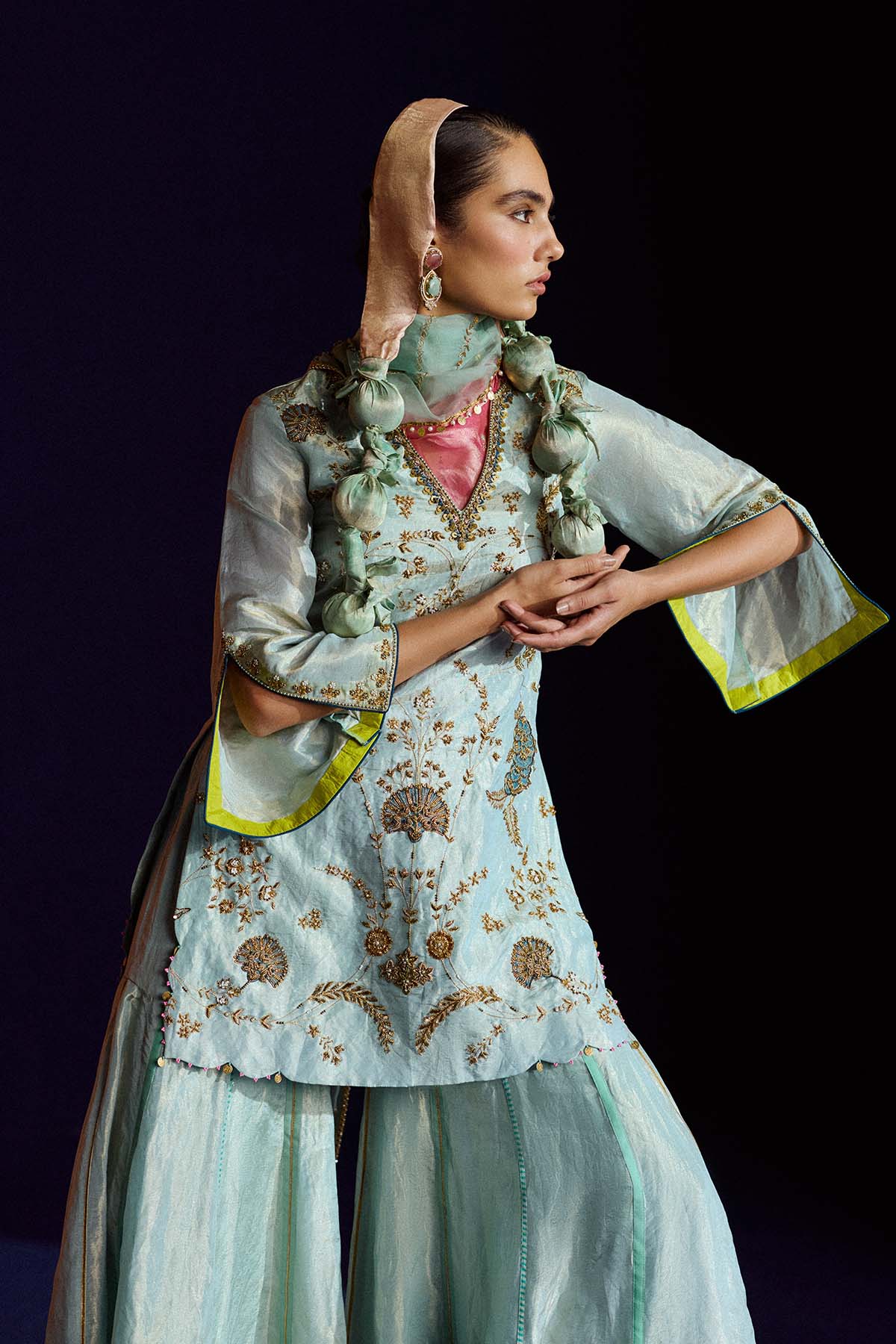 Mastani Powder Blue Tissue Carnation Jaal Gharara Set