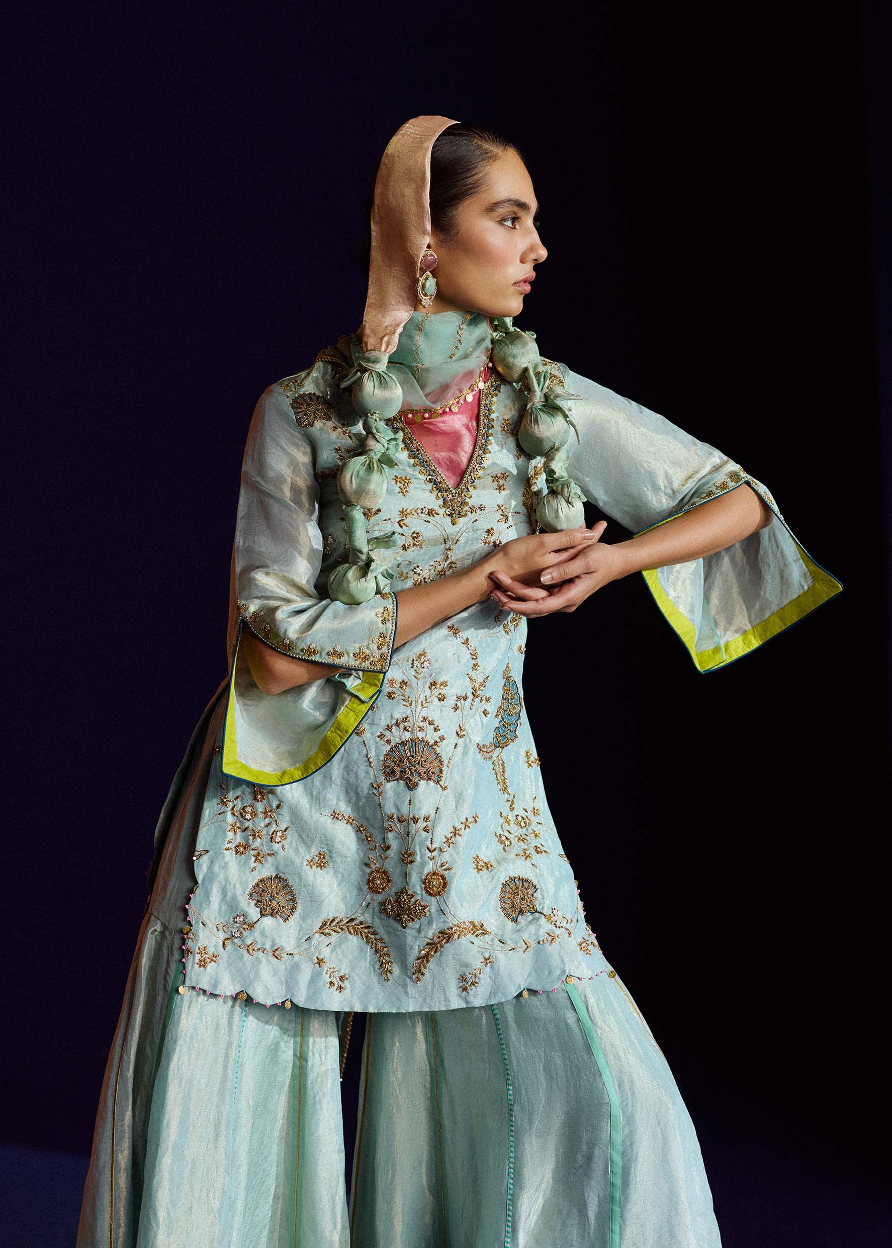 Mastani Powder Blue Tissue Carnation Jaal Gharara Set