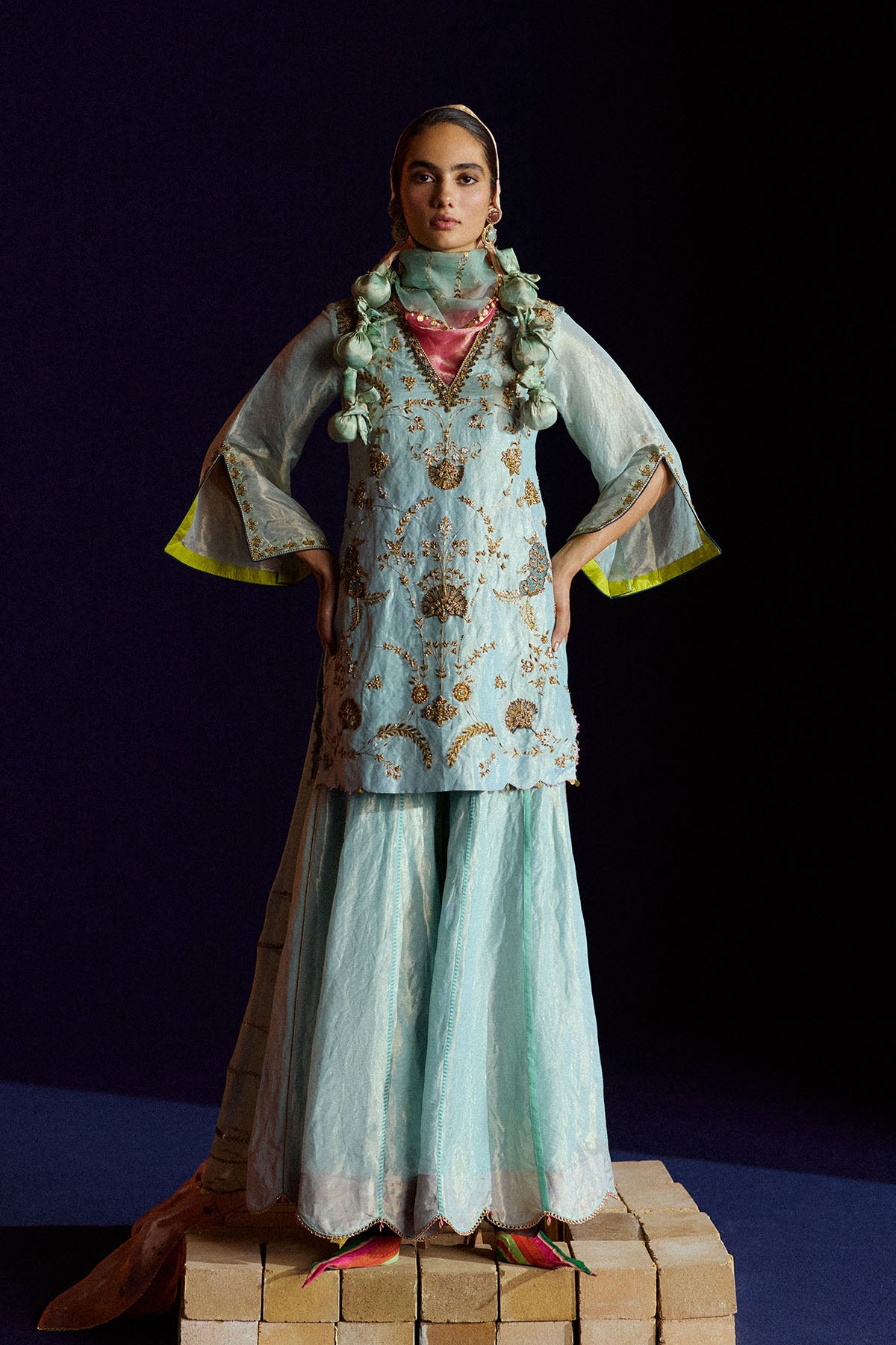 Mastani Powder Blue Tissue Carnation Jaal Gharara Set
