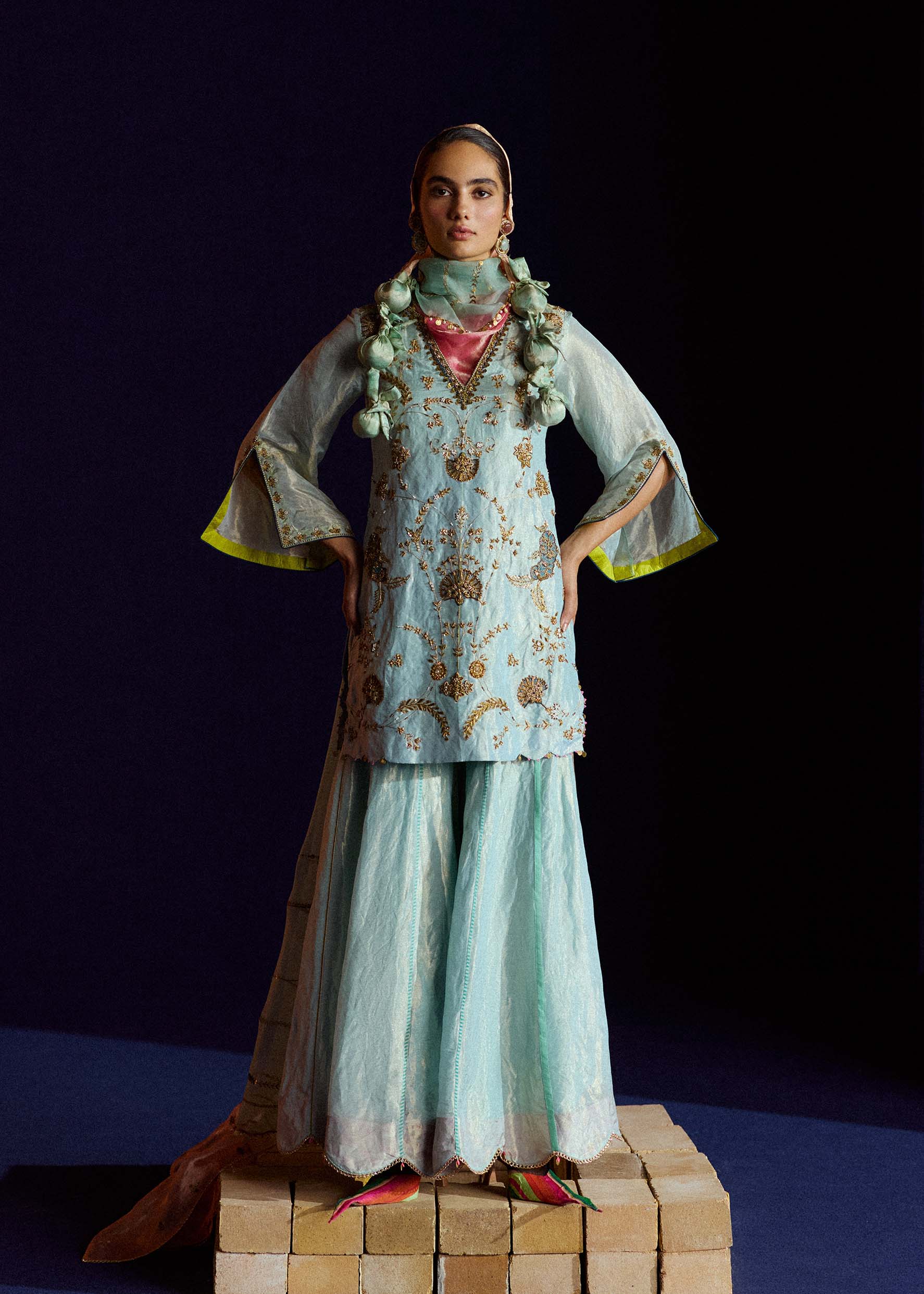 Mastani Powder Blue Tissue Carnation Jaal Gharara Set