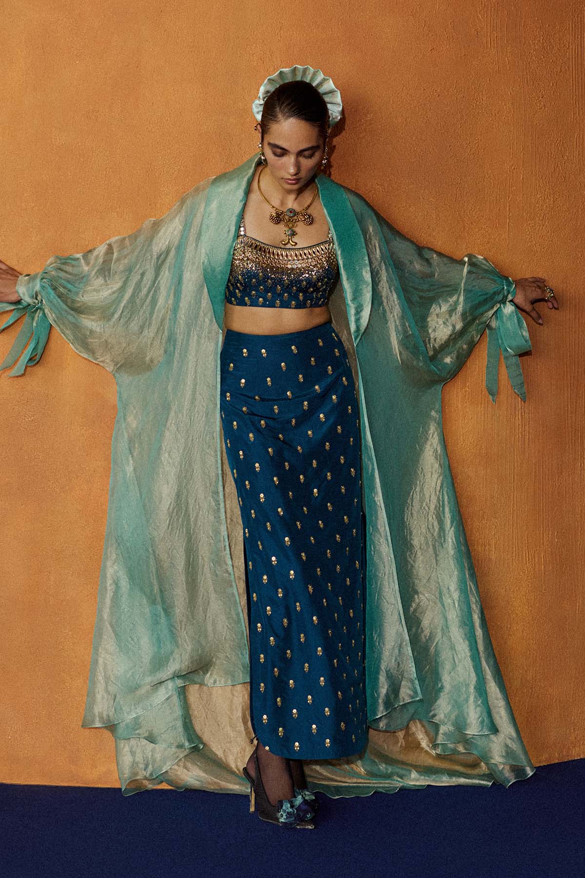 Mastani Teal Blue Silk Skirt Set