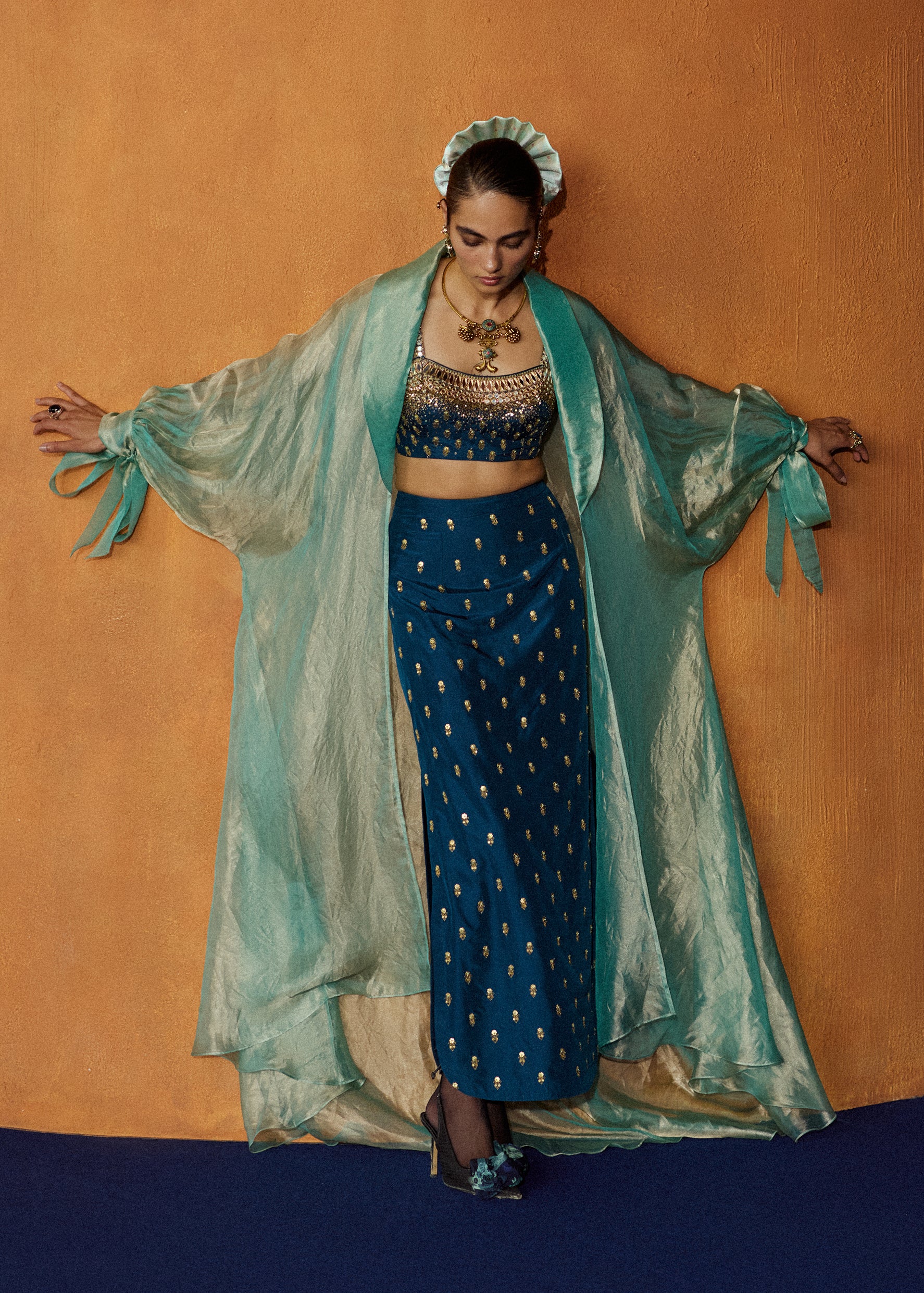 Mastani Teal Blue Silk Skirt Set