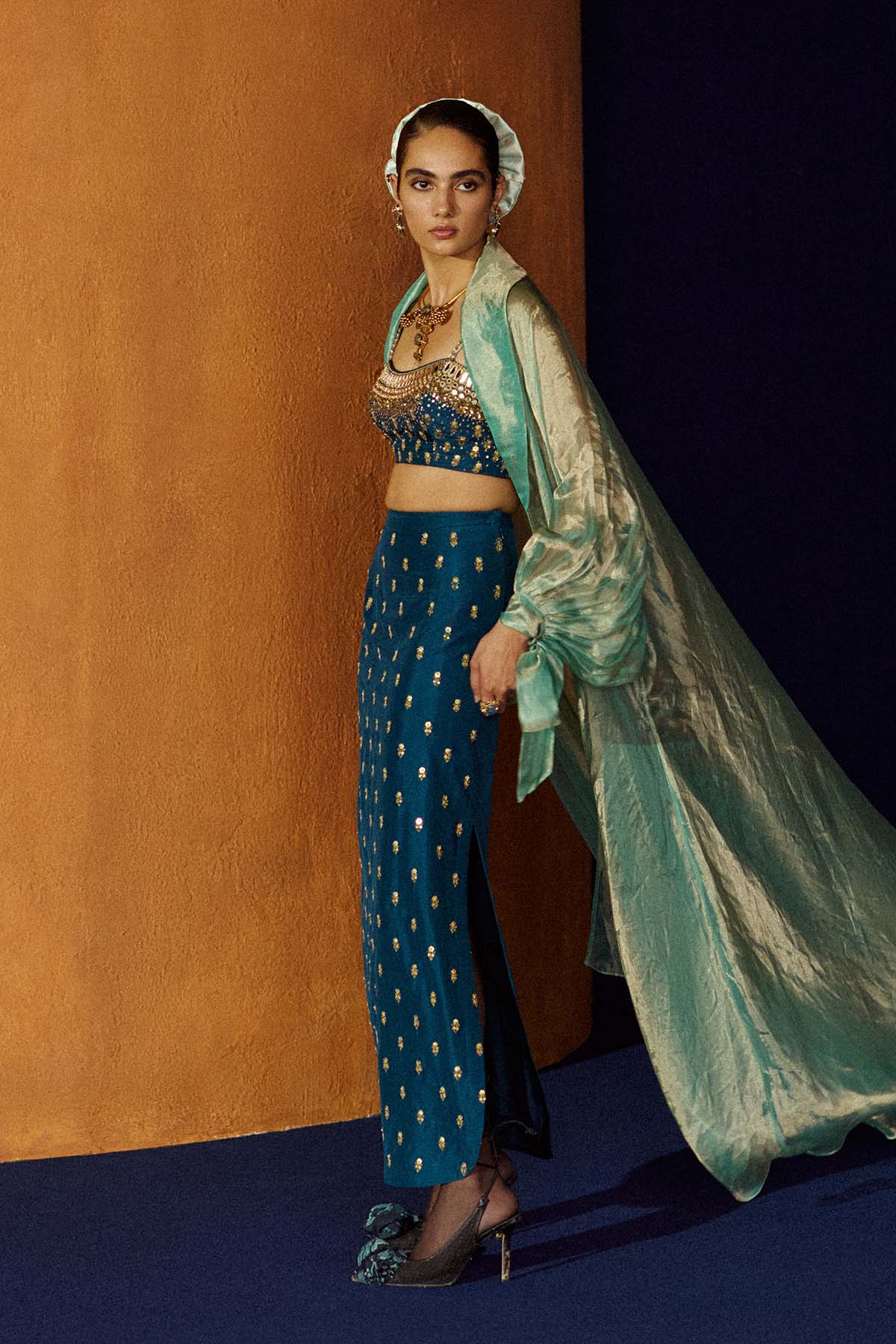 Mastani Teal Blue Silk Skirt Set
