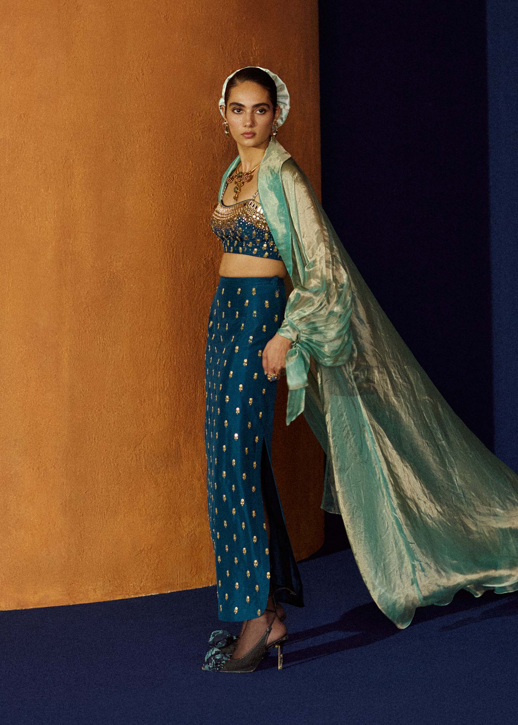 Mastani Teal Blue Silk Skirt Set