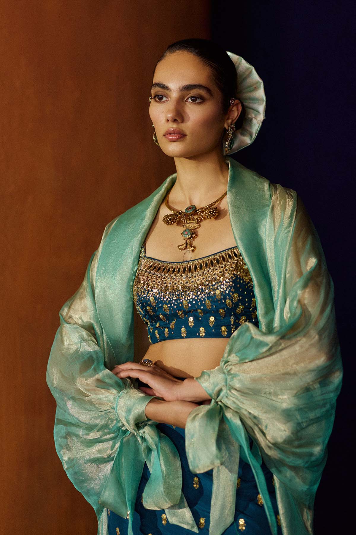 Mastani Teal Blue Silk Skirt Set