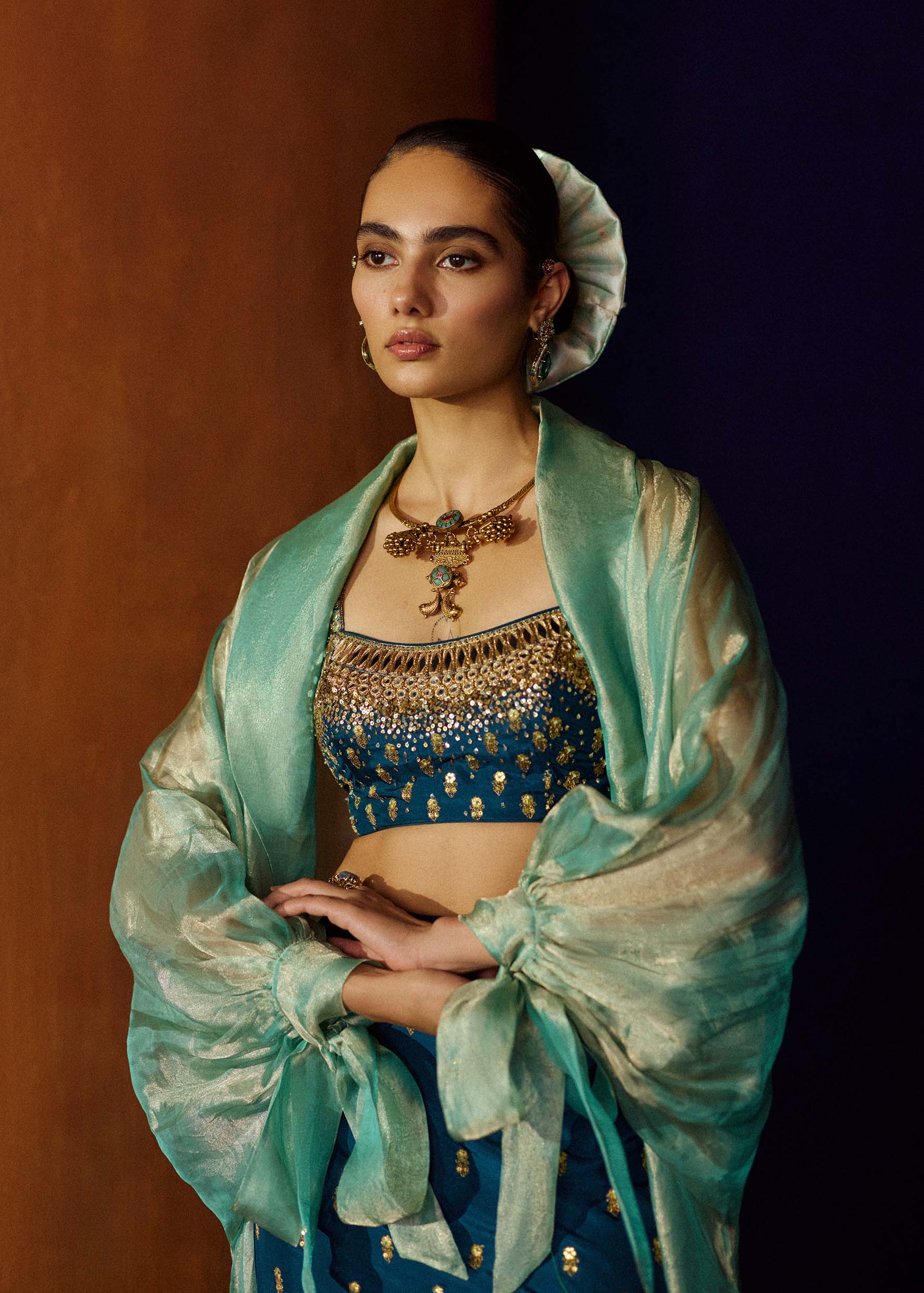 Mastani Teal Blue Silk Skirt Set