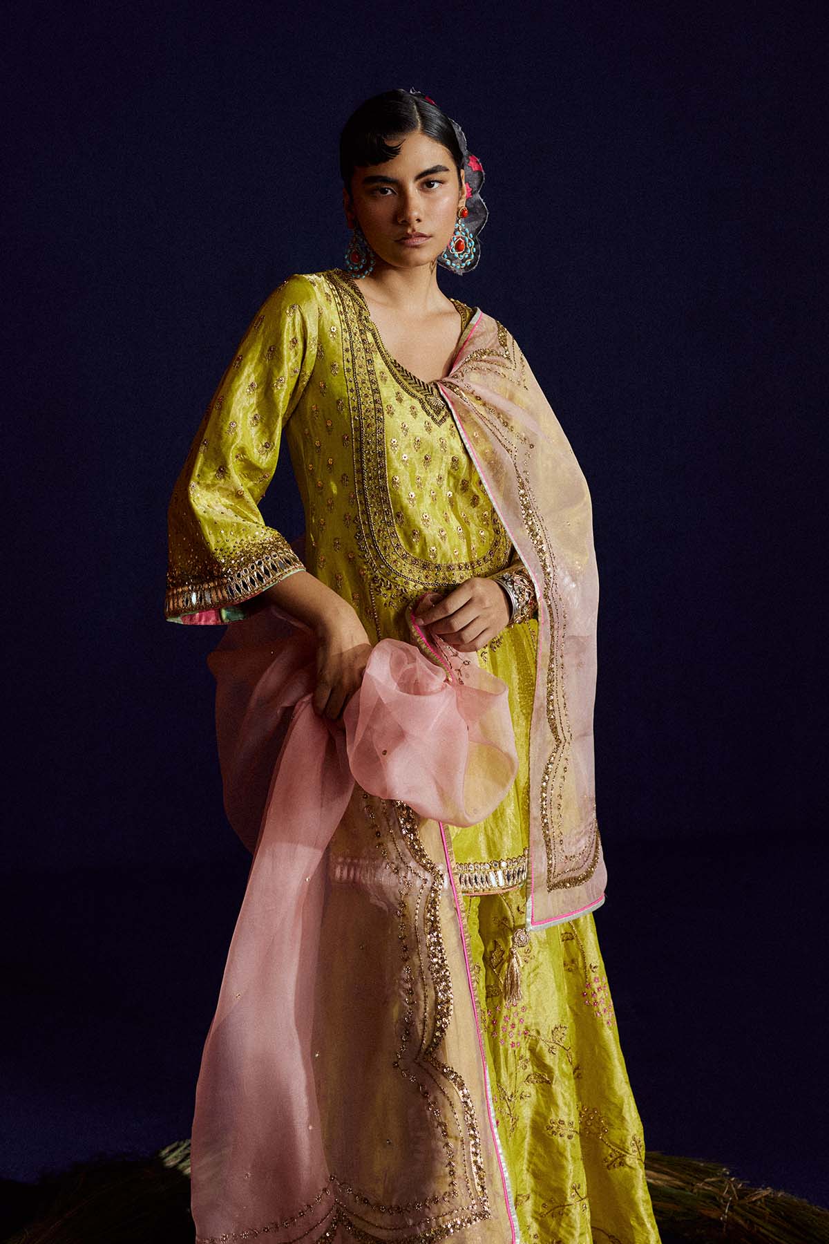 Mastani Yellow Tissue Jaal Gharara Set