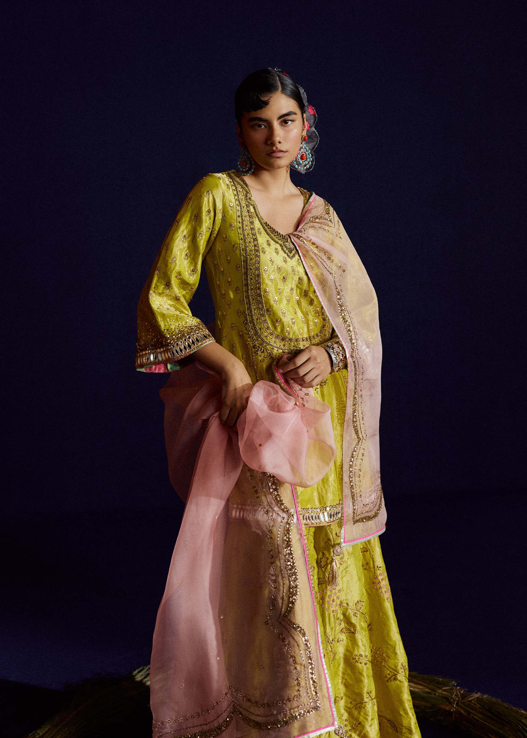 Mastani Yellow Tissue Jaal Gharara Set