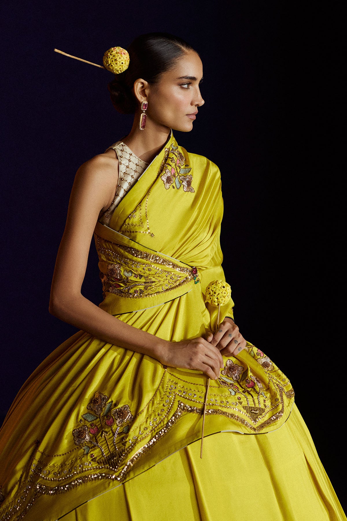 Mastani Yellow Silk Laap Boota Saree Set