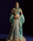 Mastani Teal Tissue Organza Laap Boota Saree Set