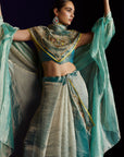 Mastani Teal Tissue Organza Laap Boota Saree Set