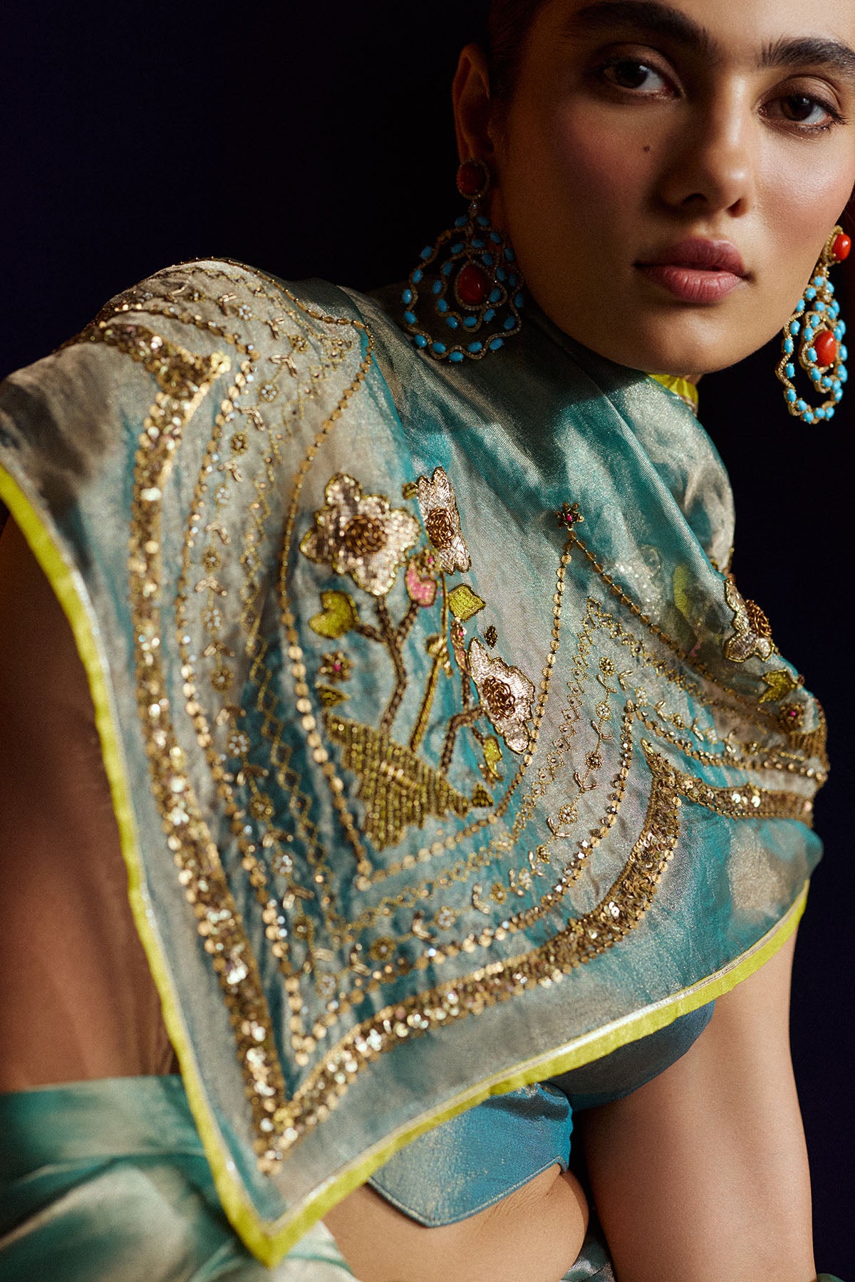 Mastani Teal Tissue Organza Laap Boota Saree Set