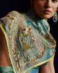 Mastani Teal Tissue Organza Laap Boota Saree Set