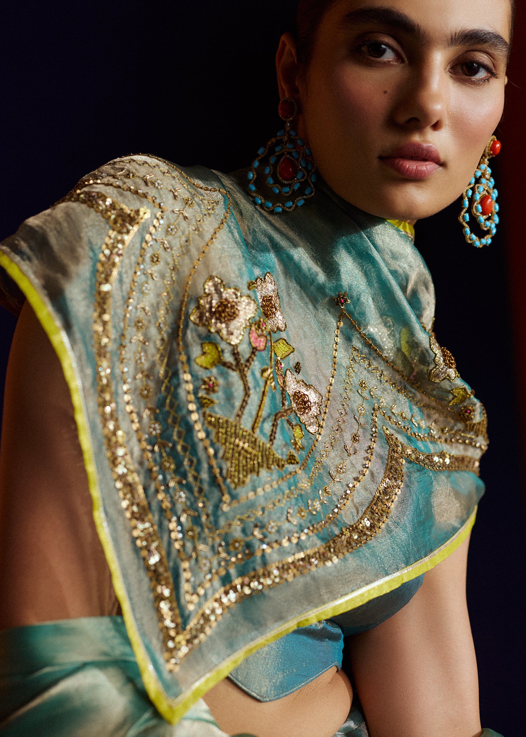 Mastani Teal Tissue Organza Laap Boota Saree Set