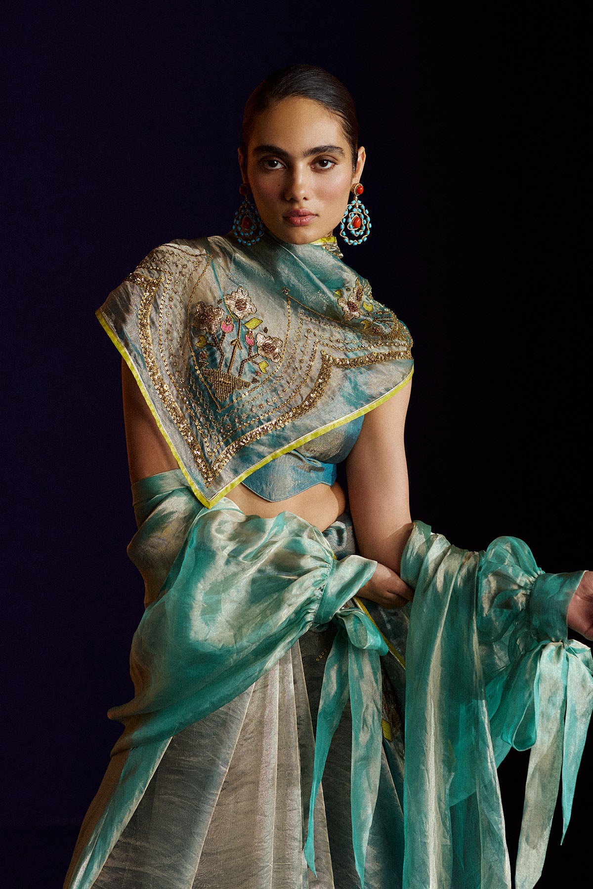 Mastani Teal Tissue Organza Laap Boota Saree Set