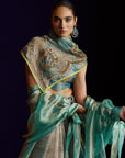 Mastani Teal Tissue Organza Laap Boota Saree Set