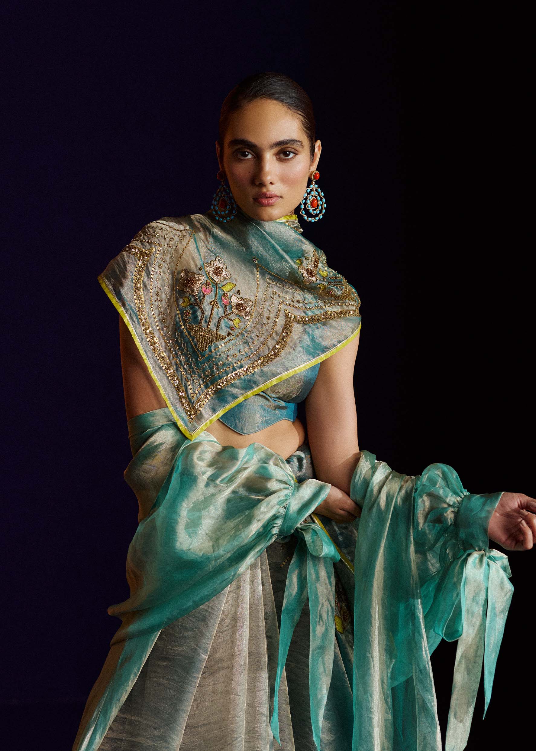 Mastani Teal Tissue Organza Laap Boota Saree Set