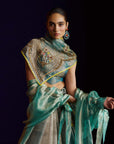 Mastani Teal Tissue Organza Laap Boota Saree Set