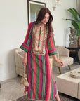 Mastani Pink- Green Stripes Yoke Kaftan Dress
