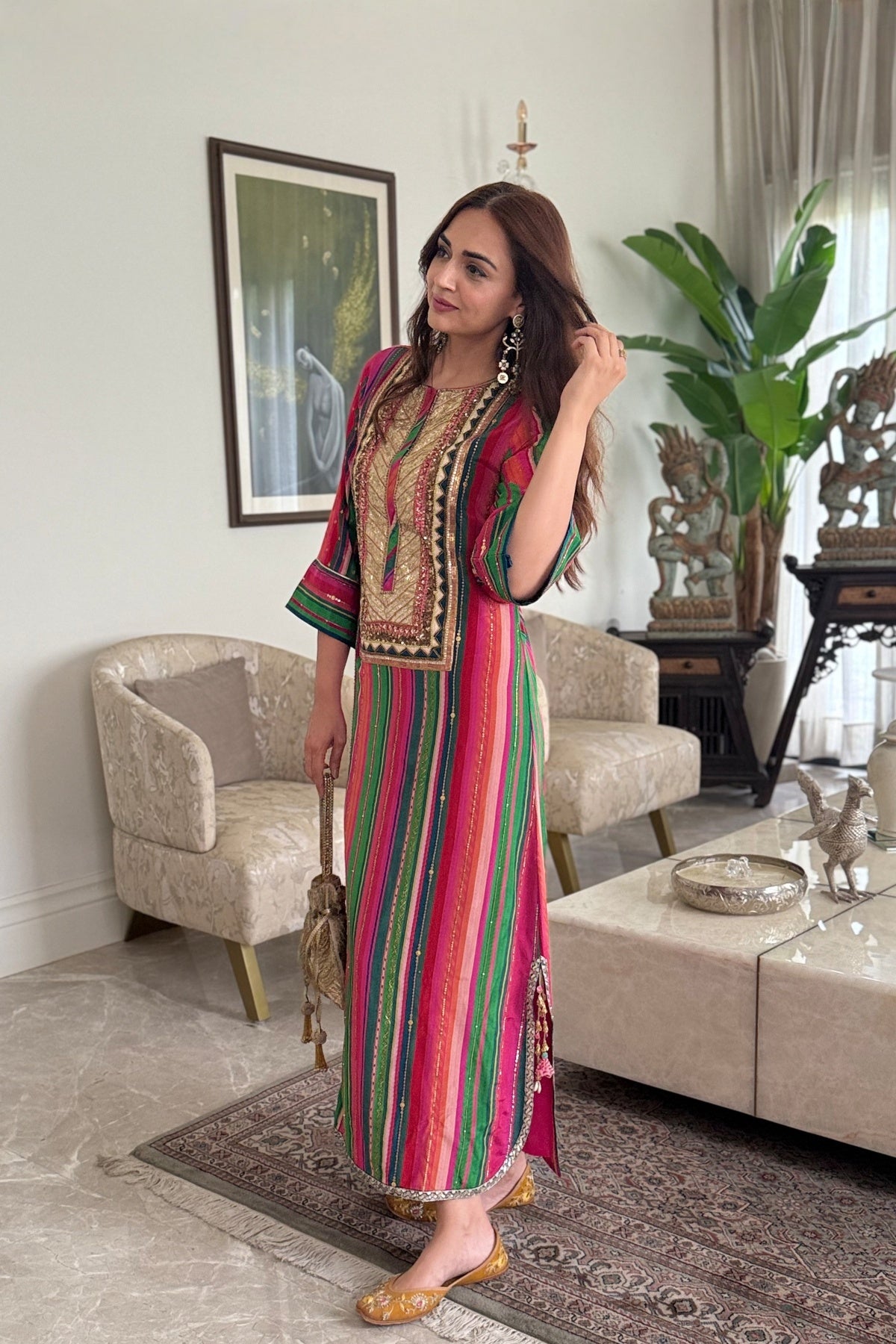Mastani Pink- Green Stripes Yoke Kaftan Dress