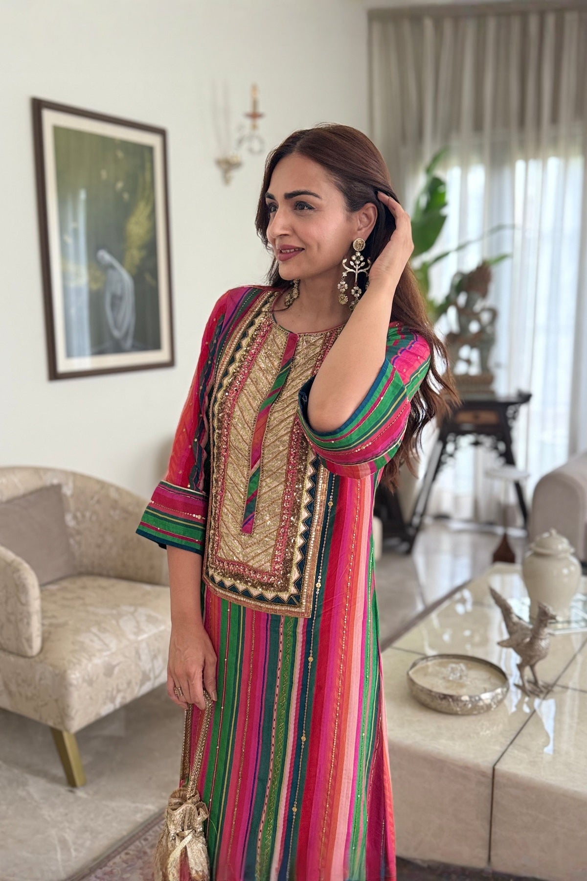 Mastani Pink- Green Stripes Yoke Kaftan Dress