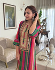 Mastani Pink- Green Stripes Yoke Kaftan Dress