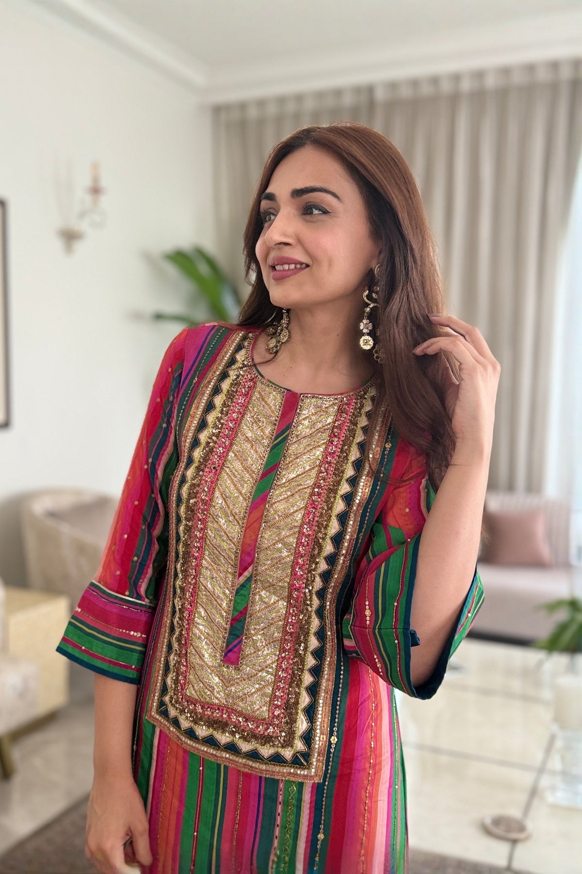 Mastani Pink- Green Stripes Yoke Kaftan Dress
