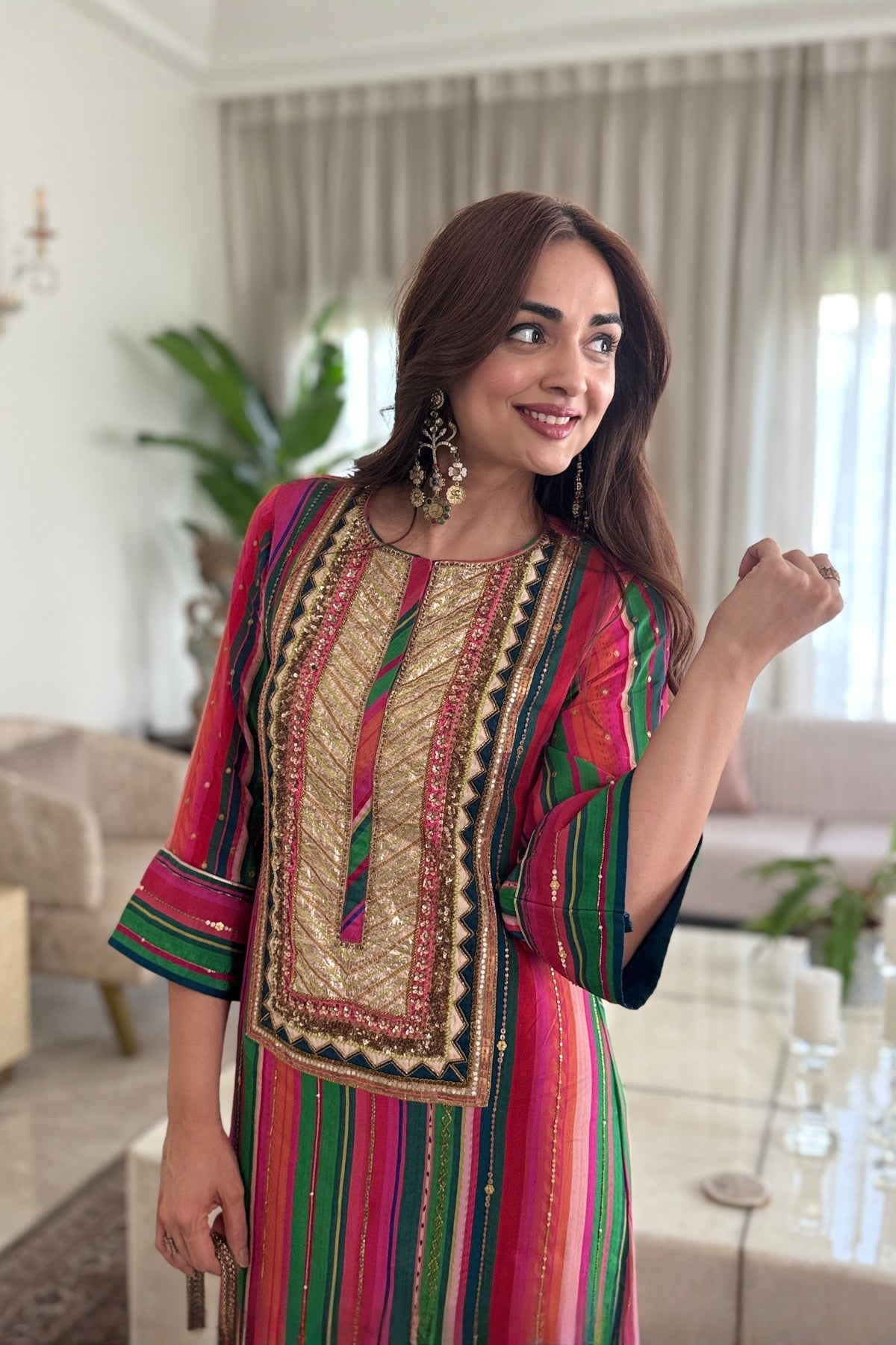 Mastani Pink- Green Stripes Yoke Kaftan Dress