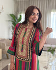 Mastani Pink- Green Stripes Yoke Kaftan Dress