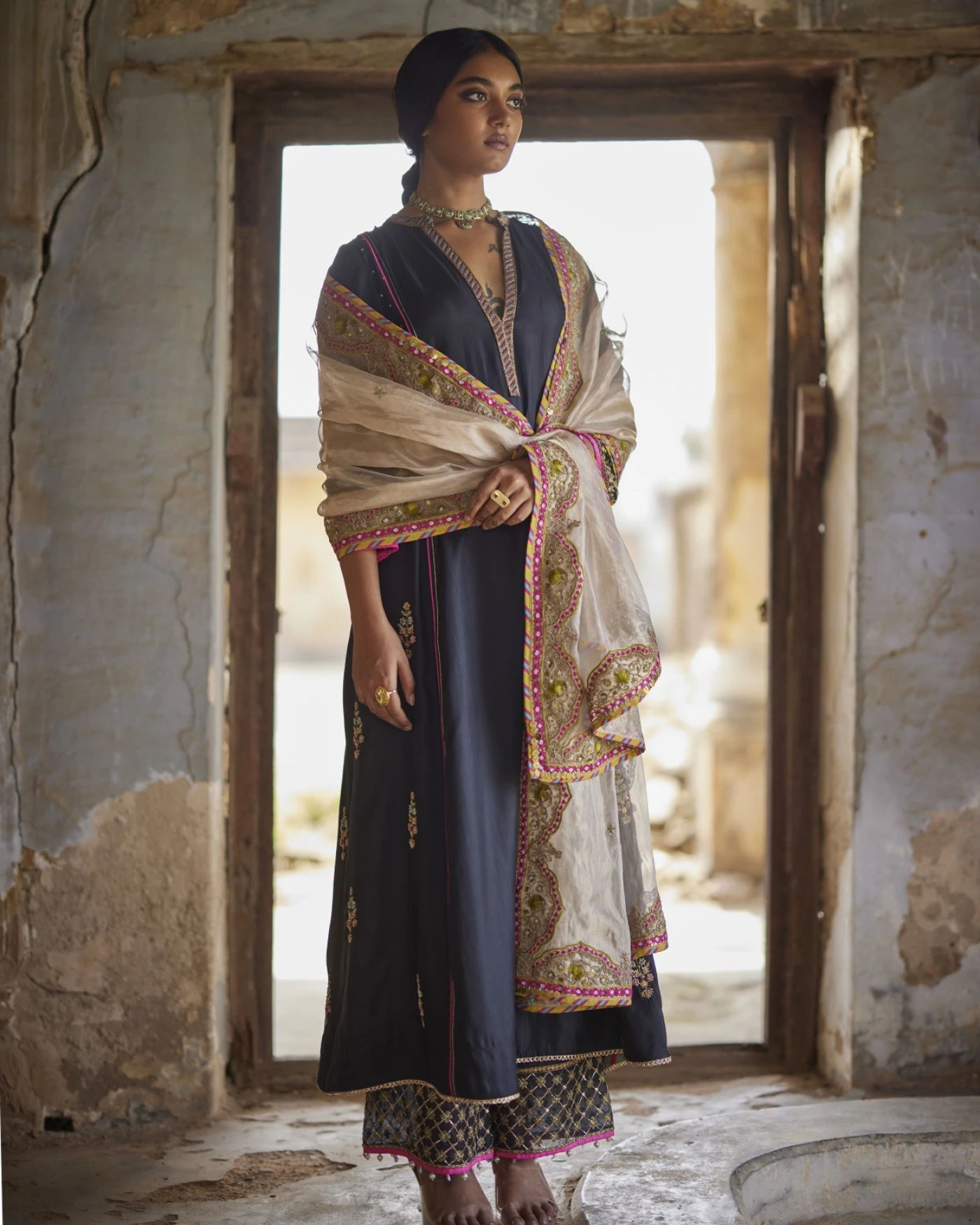 Nadira Black Silk  Butti Back Yoke  Kurta Set