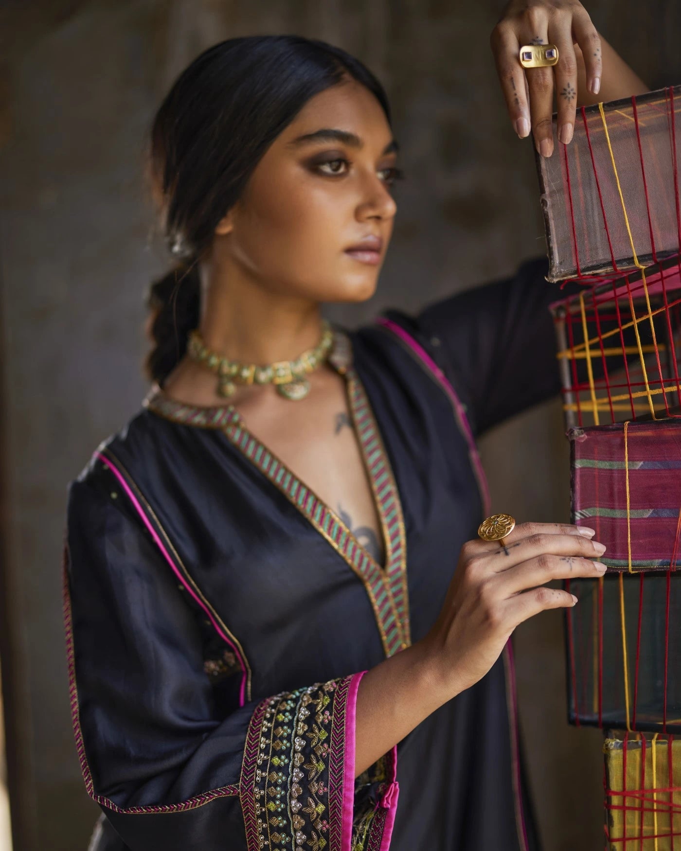 Nadira Black Silk  Butti Back Yoke  Kurta Set