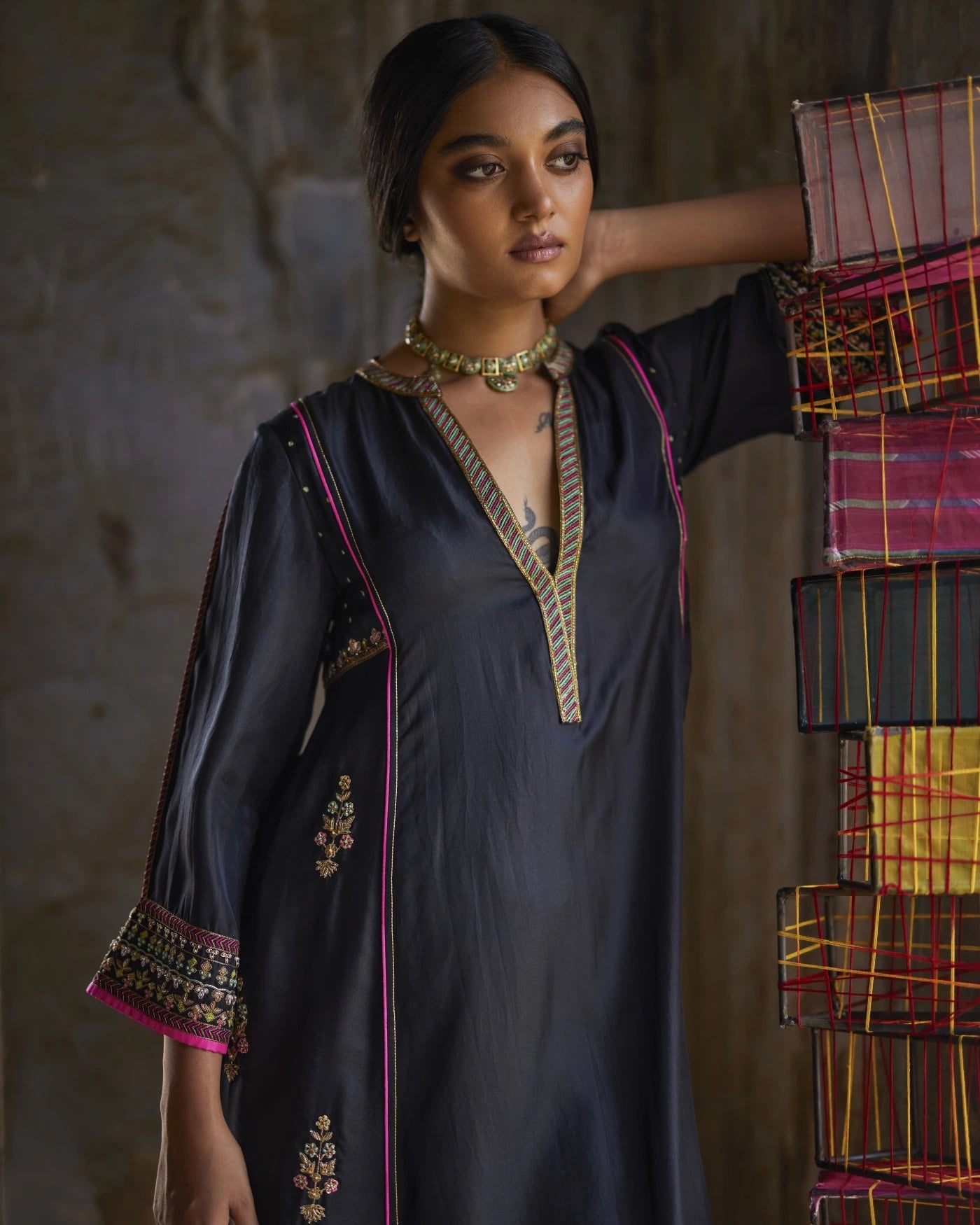 Nadira Black Silk  Butti Back Yoke  Kurta Set