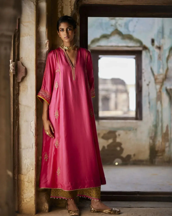 Nadira Hot Pink Silk  Butti Back Yoke Kurta Set
