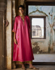 Nadira Hot Pink Silk  Butti Back Yoke Kurta Set