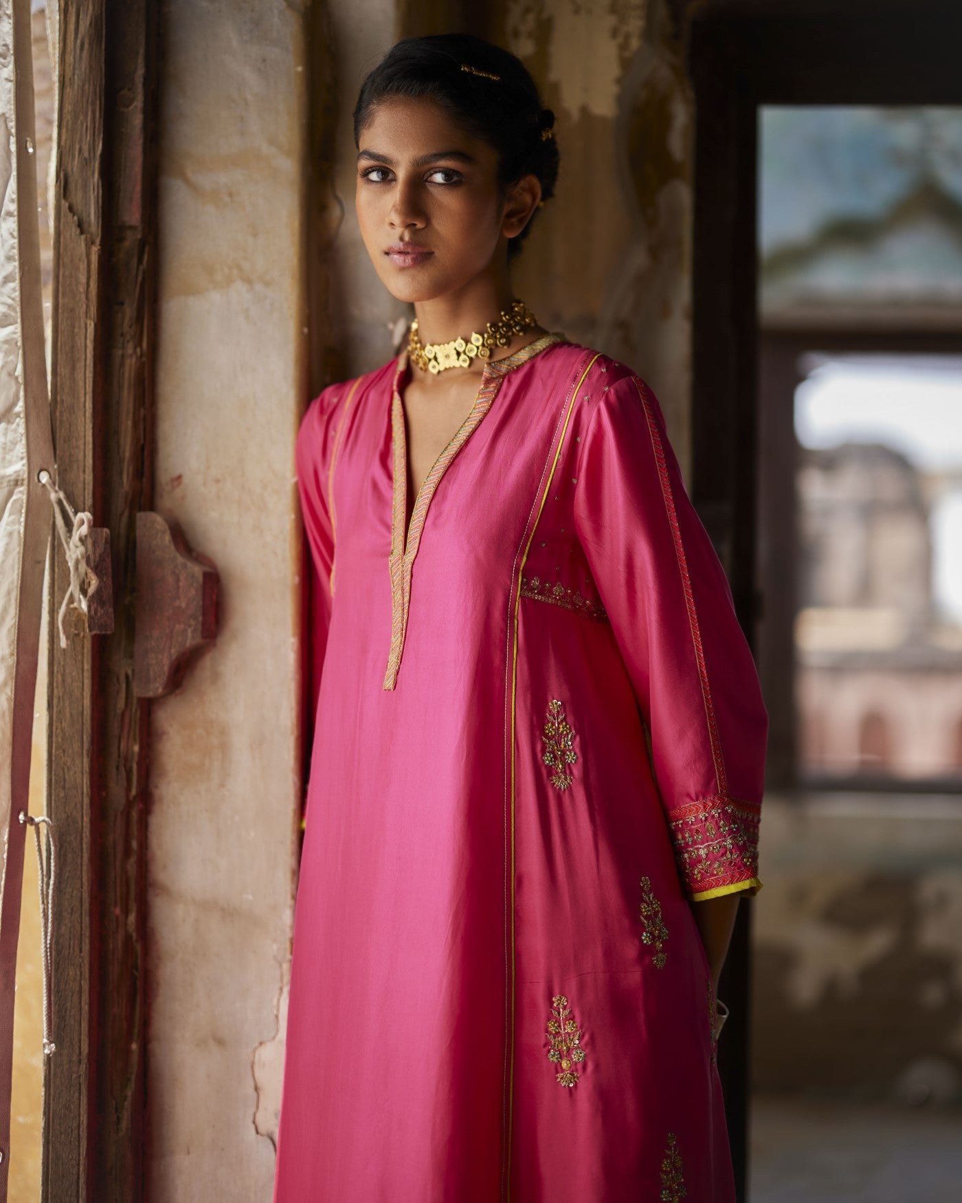 Nadira Hot Pink Silk  Butti Back Yoke Kurta Set