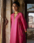 Nadira Hot Pink Silk  Butti Back Yoke Kurta Set