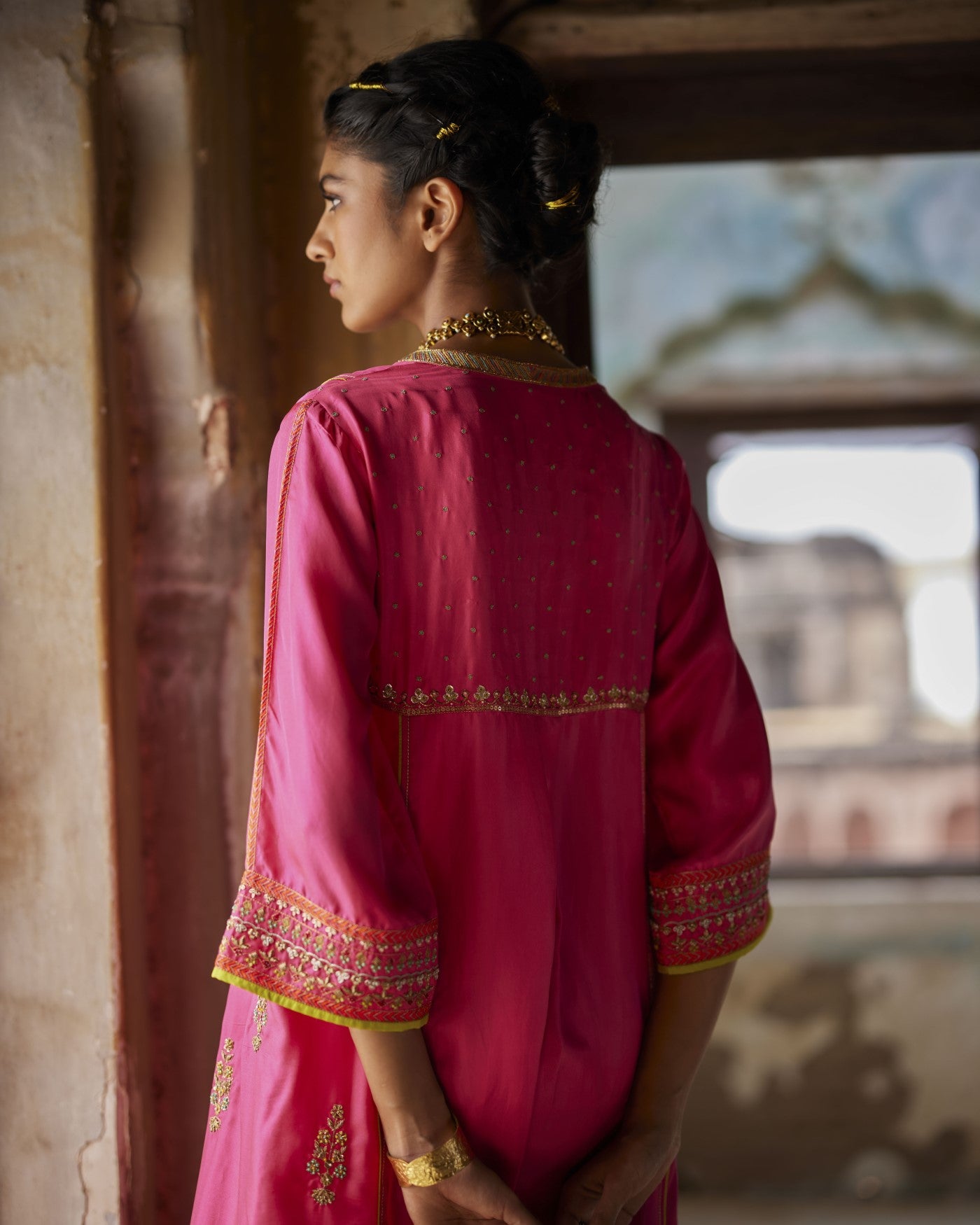 Nadira Hot Pink Silk  Butti Back Yoke Kurta Set