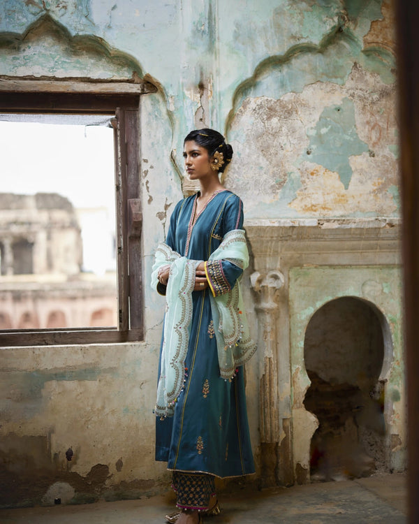 Nadira Teal Silk  Butti Back Yoke Kurta Set