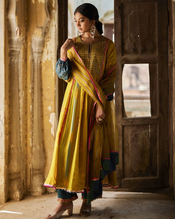 Nadira Lime Yellow Front Puckering Kurta Set