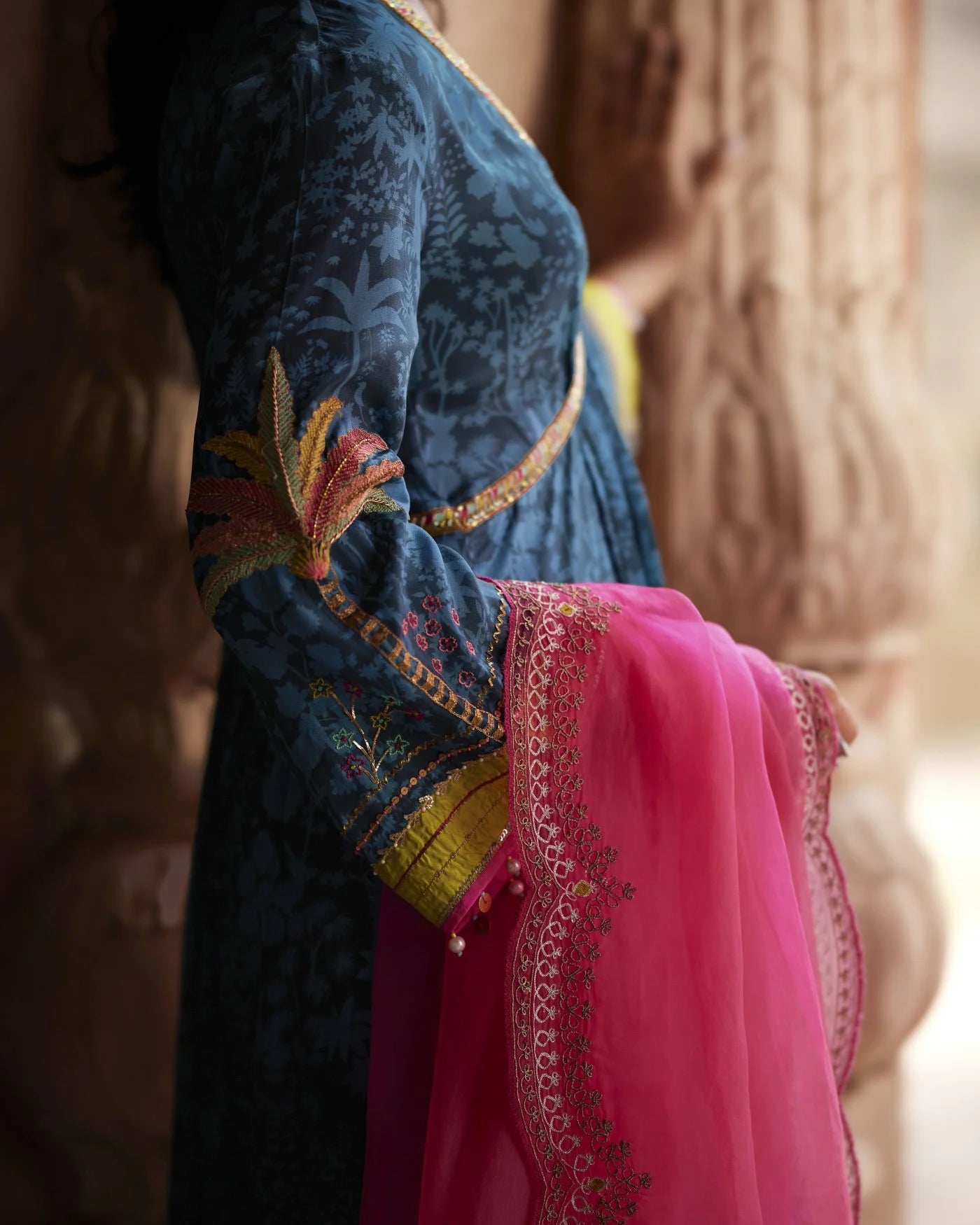 Nadira Teal Tree Bell Sleeve Kurta Set